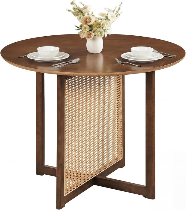 37.5" round Dining Table for 2-4, Farmhouse Kitchen Table with Solid Rubberwood Pedestal & Rattan Base, Modern Small Circle Dinner Table for Dinette Living Room