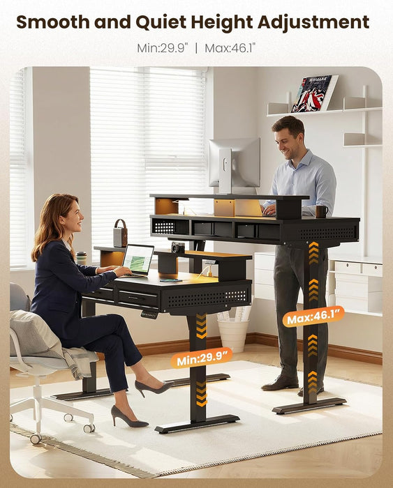 Electric Standing Desk with 3 Wooden Drawers, 48 Inch Height Adjustable Desk with Power Outlets & LED Lights, Black Sit Stand Table with Monitor Stand for Home, Office, Workstation