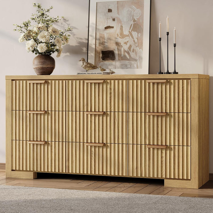 57" W Fluted Dresser with 9 Drawers, Wooden Dresser TV Stand