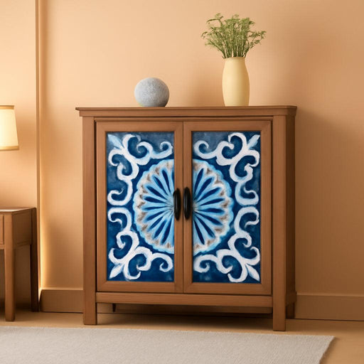 Accent Storage Cabinet with 2 Doors, Wood Distressed Porcelain Front Buffet Sideboard Storage Cabinets Display Cabinet for Living Room Entryway Kitchen, Wood and Blue