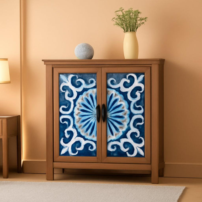 Accent Storage Cabinet with 2 Doors, Wood Distressed Porcelain Front Buffet Sideboard Storage Cabinets Display Cabinet for Living Room Entryway Kitchen, Wood and Blue