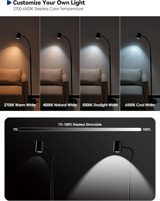 Reading Floor Lamp, 62" Tall LED Floor Lamp, Dimmable Standing Lamp, 7 Brightness & 4 Color Temperature, Adjustable Gooseneck, Touch Control, Task Craft Light for Living Room Bedroom Office,Black