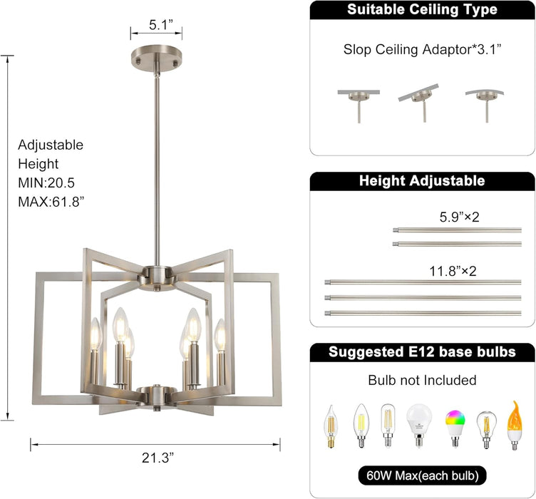6-Light Modern Metal Geometric Chandelier，Kitchen Island Brushed Nickel Lighting Fixtures，Entryway Light Fixture Hanging Brushed Nickel，Farmhouse for Dining Room Chandelier