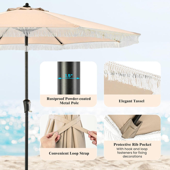 9Ft Patio Umbrella with Fringe, 2-Tier Outdoor Boho Umbrella with Tassels, Crank Handle, Push Button Tilt, Sun-Protective Canopy, 8 Ribs for Deck Backyard Poolside