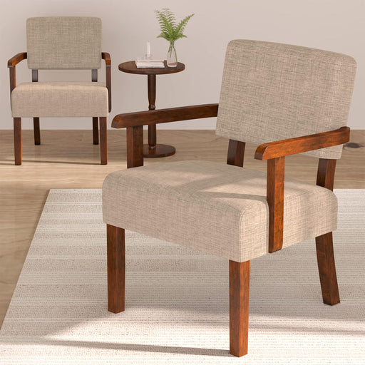 Beige Oversized Accent Armchairs With Walnut Table