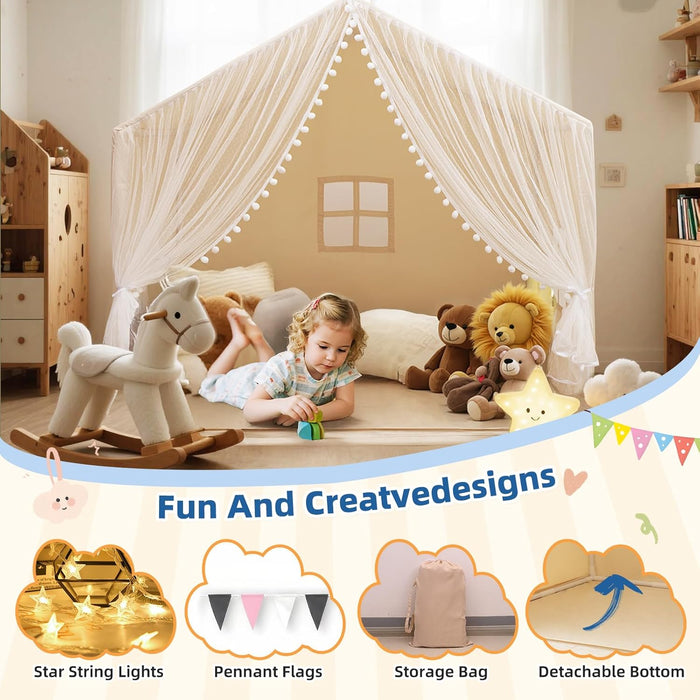 Large Kids Play Tent, 55.1In Length, Fits 3-4 Children,Indoor Playhouse for Kids, with Padded Mat and Lights, Bed Tent for Toddler, Birthday for Boys Girls