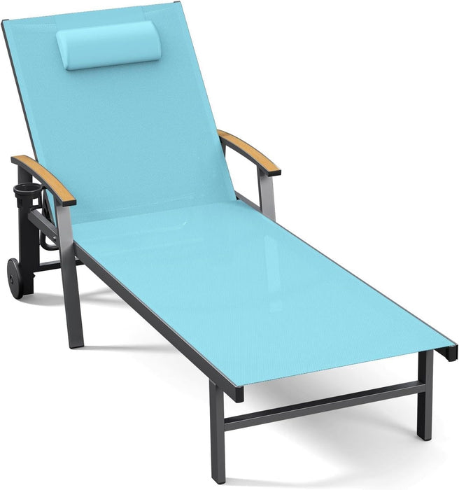 Outdoor Lounge Chair with Pillow, 5-Position Chaise Lounge with Wheels & Armrests, 400 Lbs Heavy Duty Aluminum Pool Lounger for Beach, Deck, Backyard & Poolside, Lake Blue