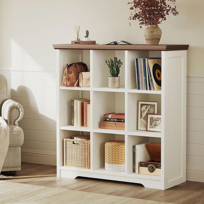 9 Cube Organizer Bookcase, Cube Shelf with Storage, Walnut + White