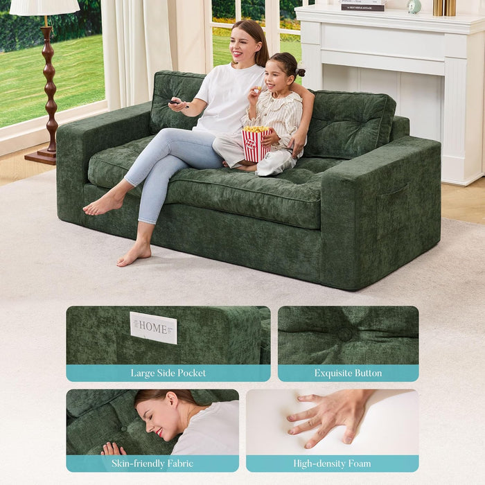 Green ThreeSeater Chenille Sofa With Tufted Upholstery