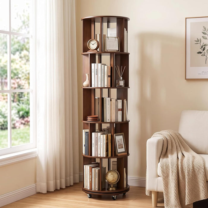 5-Tier Solid Wood Rotating Bookshelf on Wheels for Small Spaces