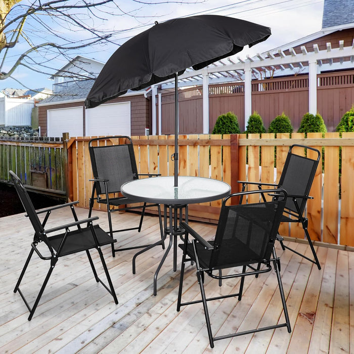 6 Piece Patio Dining Set with Umbrella, Outdoor Furniture Set with 4 Folding Chairs and Tempered Glass Top Dining Table Fot Lawn Backyard Garden Porch Black