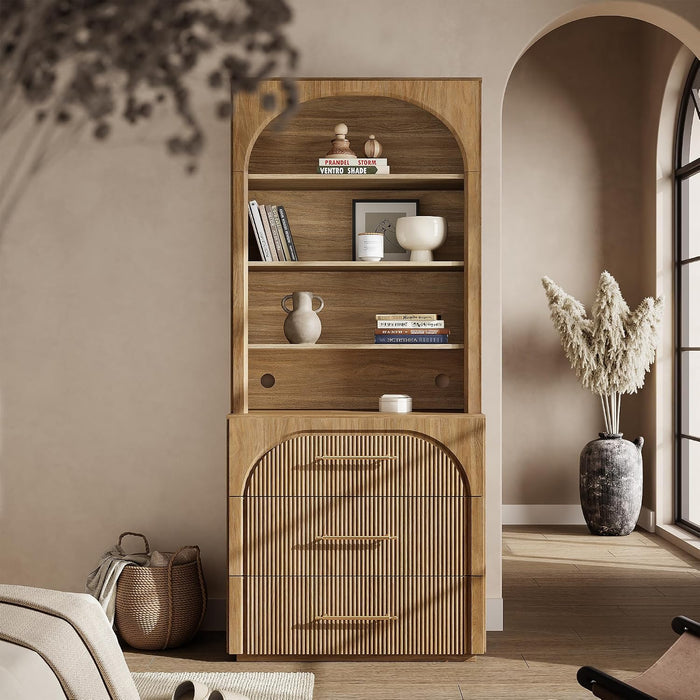 72" Tall Arched Storage Cabinet with Hutch, Bookcase with Open Shelves