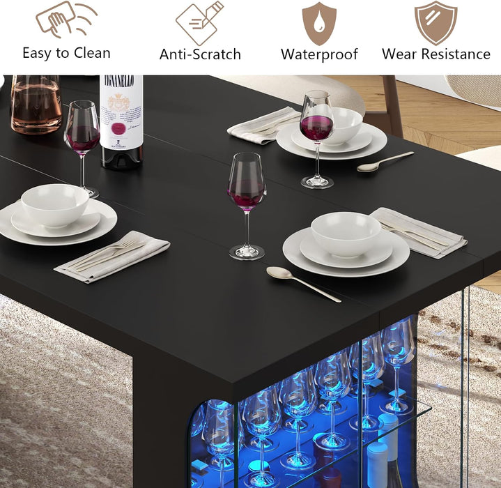 70.8" Large Dining Table with Glass Storage Cabinet & LED Lights, Modern Kitchen Table for 4-8, Rectangle Dining Room Table, Long Dinner Tables for Kitchen,Living Room(Black)