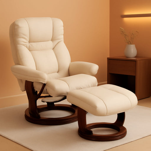 Allie Leathersoft Upholstered Recliner with Ottoman Footrest, Padded Swiveling Recliner Chair and Ottoman Set, Beige