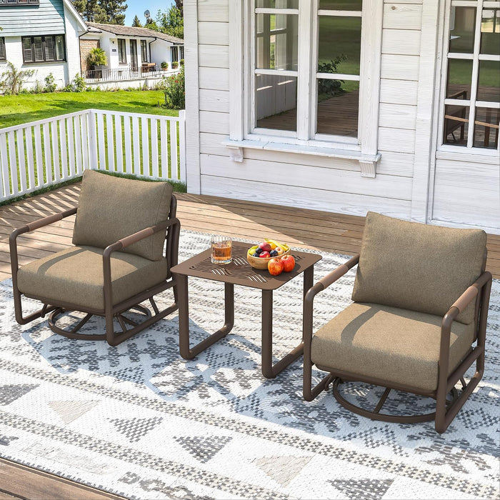 3 Piece Patio Outdoor Aluminum Swivel Rocking Chair with Coffee Table and 6.7" Thickened Cushions, All Weather Outdoor Furniture Chairs for Garden, Poolside, Deck-Brown