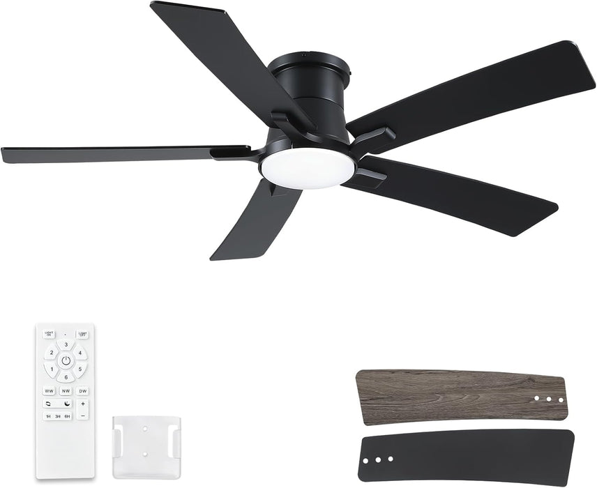 52 Inch Ceiling Fans with Lights and Remote, Black Low Profile Ceiling Fan, Flush Mount Style with 5 Blades, for Indoor Bedroom Living Room/Outdoor, 6 Speed Reversible DC Motor, 3CCT Dimmable LED