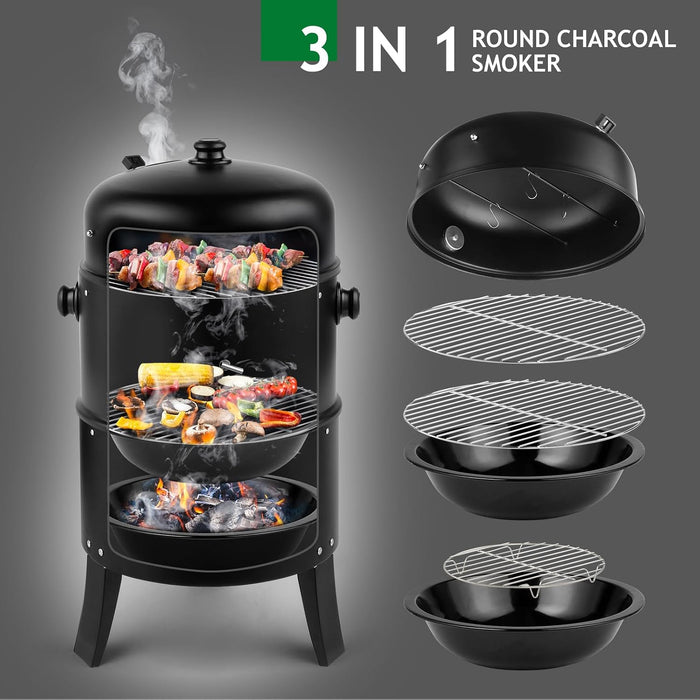 Vertical 17 Inch Steel Charcoal BBQ Smoker, Heavy Duty 3-In-1 Portable Outdoor Grill Cooker with Built-In Thermometer &Adjustable Vent Systems for Outdoor Backyard Cooking Grilling Camping