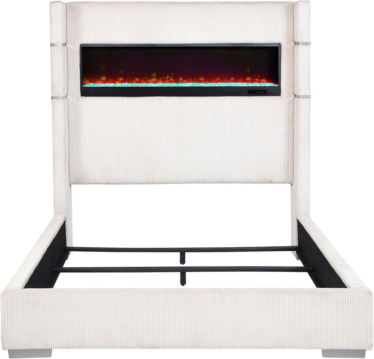 Home Furnishings - Tisdall - Wood and Fabric - Queen Bed with High Headboard and Integrated Flame Box with Color Options - Bedroom - Cream - 306032Q