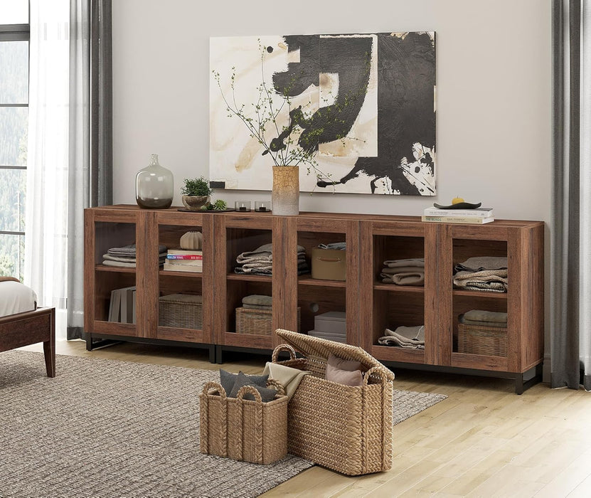 Modern TV Stand with Glass Doors for 110 Inch Tvs, Farmhouse Entertainment Center TV Console with Adjustable Shelves for Living Room, Bedroom, Brown