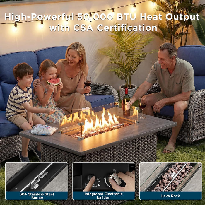 Luxury Patio Furniture Set with Fire Pit Table-6 Pieces All Weather Outdoor Swivel Rocker Chairs with Sofa and Ottomans. Outdoors Patio Conversation Sets for Porch Deck Garden Backyard(Grey/Blue)