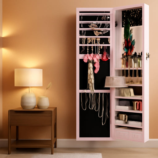 LED Mirror Jewelry Cabinet, Tall Lockable Wall or Door Mounted Jewelry Armoire Organizer with Mirror, 2 Drawers, Lock, Cosmetic Tray, Shelves - Dusty Pink