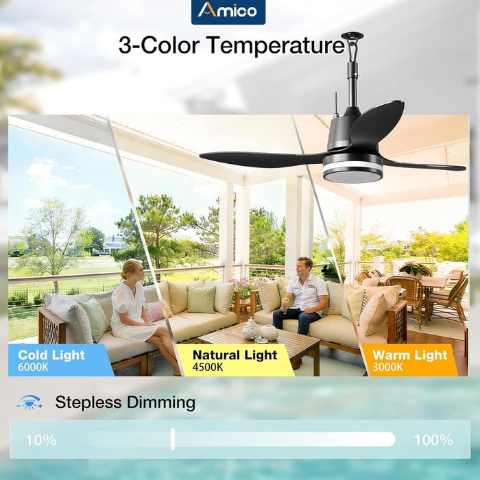 42 Inch Outdoor Ceiling Fans with Lights for Patios, IP65 Waterproof Gazebo Fan Remote Control,3Cct, 6 Speeds, Hook Hanging Plug in Ceiling Fan for Patio Porch Pergola Garage Canopy (Black)