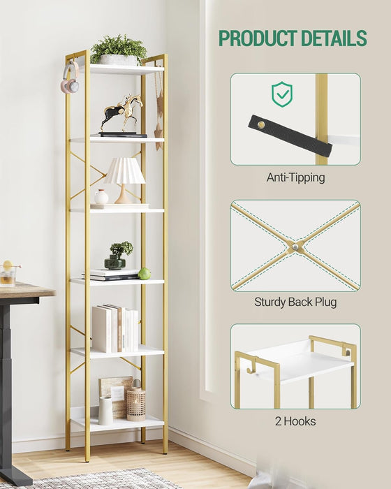 Bookshelf, Book Shelf, Industrial Bookcase with 2 Hooks, Coner Shelf Storage Organizer for Home Office, Living Room, Bedroom, Kitchen, 6-Tier White-Gold BC10713G