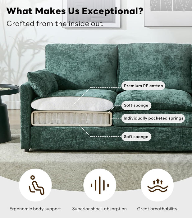 Green Chenille Cloudlike Sofa 83 Inches UltraComfort