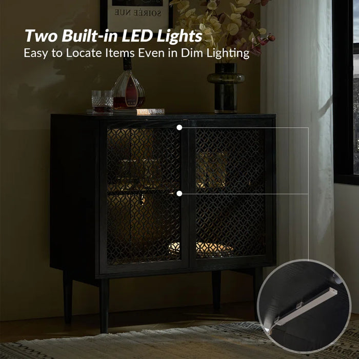 Fabion 32"Tall Built-In LED Lights Wood-Carved 2-Door Accent Cabinet Set of 2