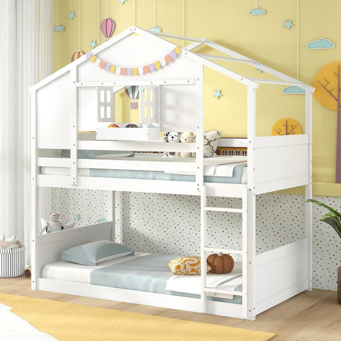 Bunk Bed Twin over Twin, Wood House Bed for Kids with Roof, Window Door, Storage Box, Safety Guardrails, Wood Slats & Ladder, Floor Bunk Bed for Junior Boys Girls, No Box Spring Needed, White