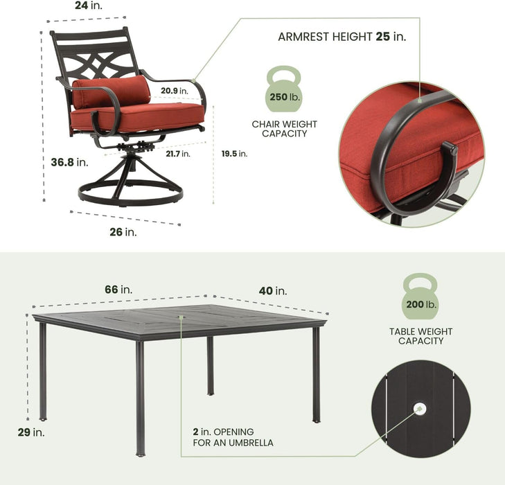 Montclair 7-Piece Outdoor Dining Set with 6 Swivel Rockers, Chili Red Cushions and Stamped Steel Rectangular Dining Table, Patio Dining Set for 6, Premium All-Weather Patio Furniture for Deck