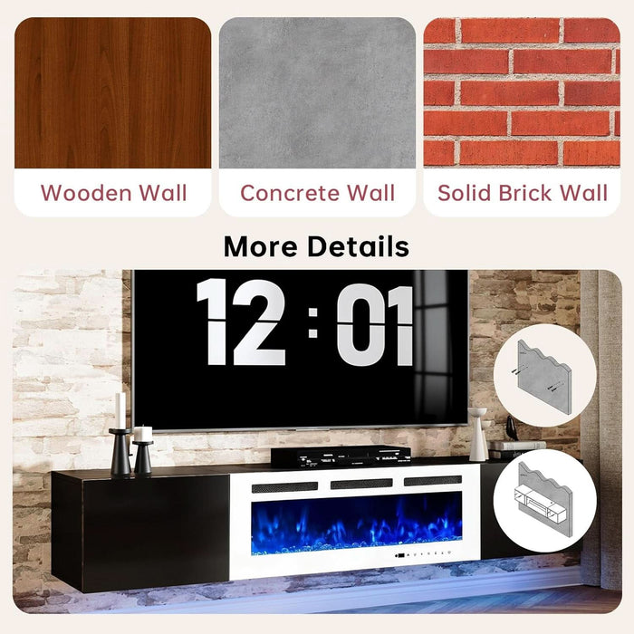 80" Floating TV Stand with 40" Electric Fireplace, Modern Entertainment Center with Storage, Adjustable 12-Color LED Lights, Fire Place TV Console for Living Room, Black+White