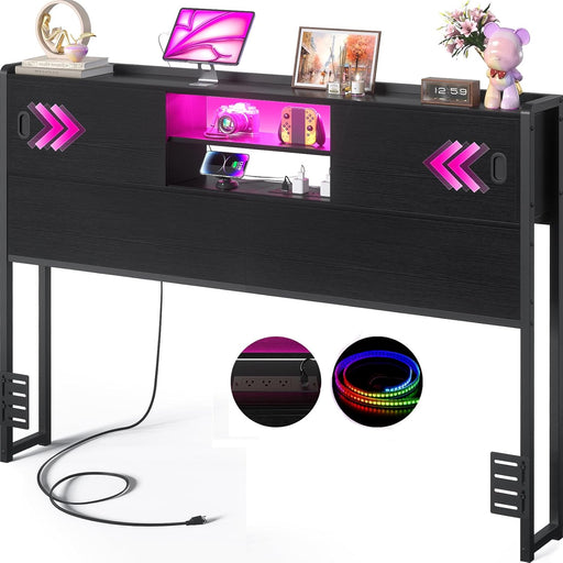 Headboard for Queen Size Bed with Storage, Sturdy Bookcase Headboards with Outlet, USB & LED Light, Queen Size Headboard Only, Head Board with Sliding Doors & Bed Adapter for Bedroom, Black