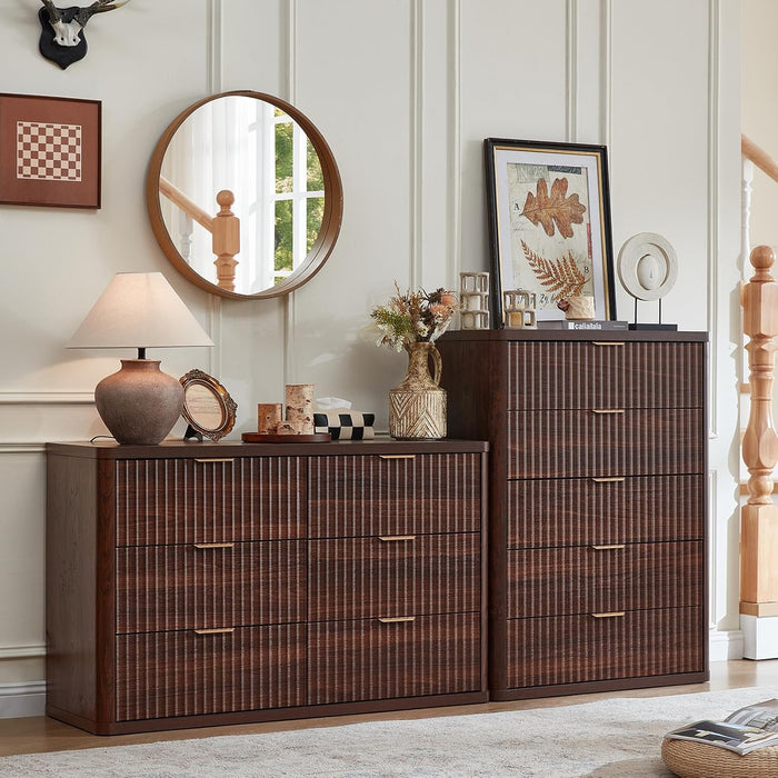 Fluted 5 Drawers Dresser for Bedroom, 41" Tall Modern Chest of Drawers with Metal Handle, Curved Profile Farmhouse Closet Organizer Wood Dressers TV Stand for Living Room, Hallway, Walnut