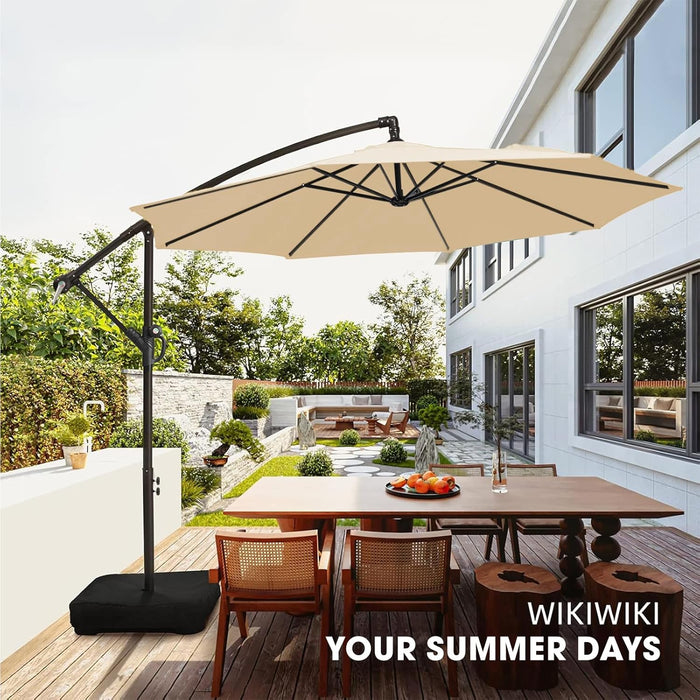 10Ft Patio Umbrella with Base Included, Outdoor Offset Cantilever Umbrella with Sandbag Base for Backyard, Garden and Pool, Easy to Tilt and Crank, Beige