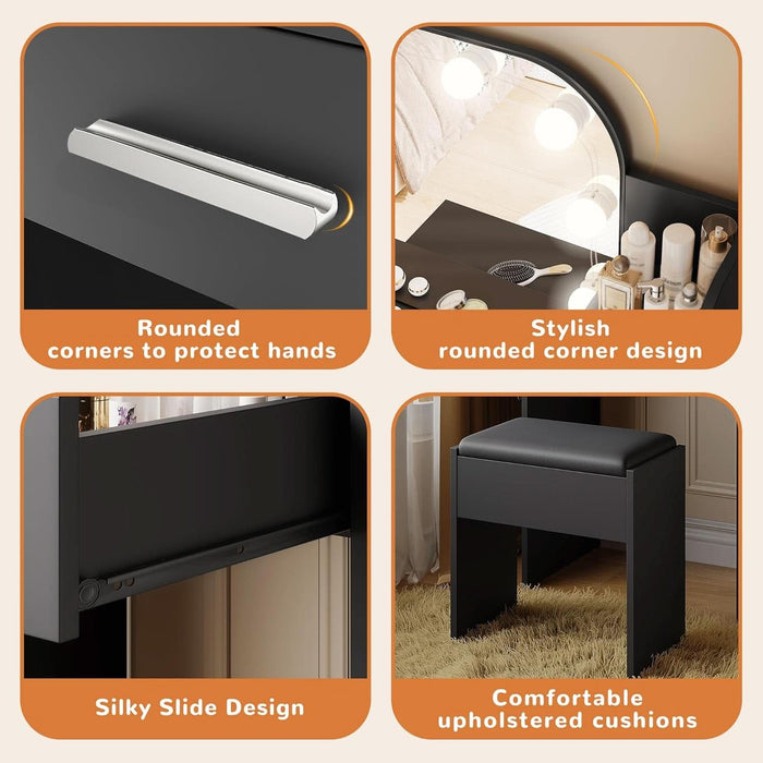 Makeup Vanity with Chair, Small Vanity Desk with Mirror and Lights 3 Colors, Girls Vanity Set with Power Outlet, Compact Vanity Table for Small Space, Black