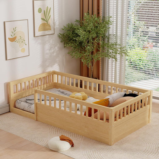 Floor Bed for Kids, Twin Size Montessori Bed with High Fence Railings, Wood Playhouse Bed with Rails for Baby Boys Girls Teens, No Slats Included, Natural