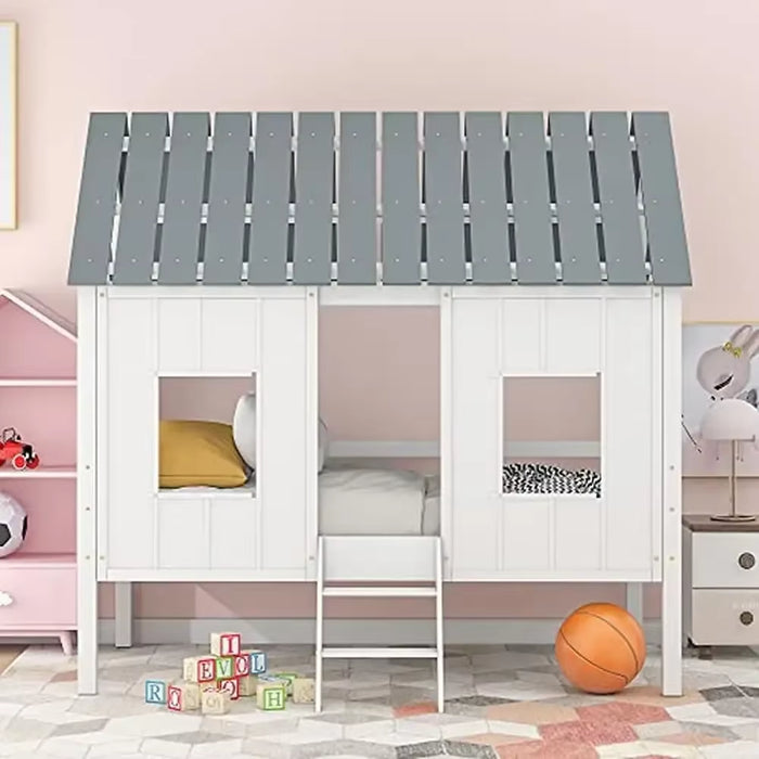 Wooden Twin House Bed Frame White/Grey Roof Boys and Girls Playhouse Design Semi-Enclosed Space No Box Spring Needed Sturdy Pine