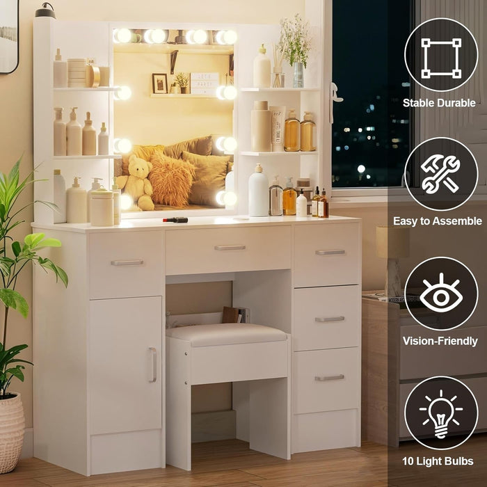 Vanity Desk with Mirror,Make up Vanity with 1 Stool 6 Drawers 6 Shelves & LED Mirror,3 Modes Light Adjustable,Vanity Desk for Bedroom,White,39.5" L*15.8" W*55.2" H.