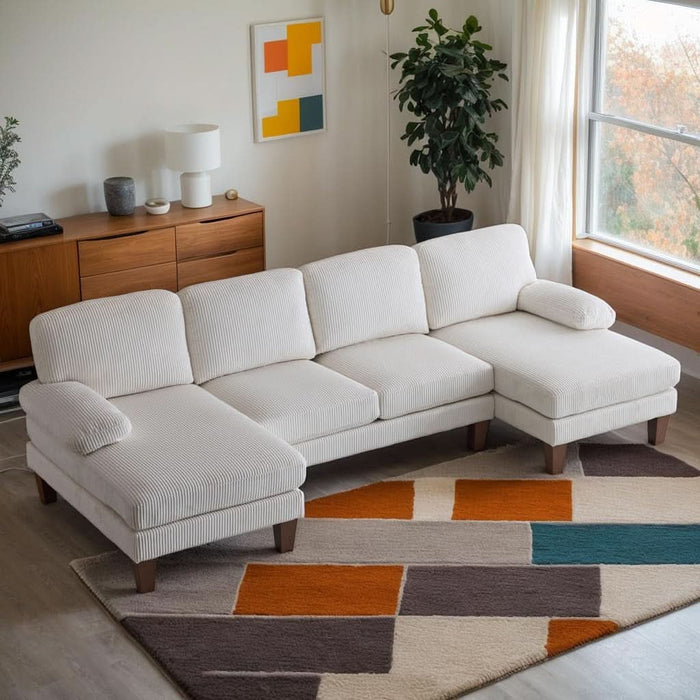 U-Shape Sectional Sofa Couch 111" Modern 4-Seat Sofa with Chaises Corduroy Fabric Upholstered Covertible Couch with Wood Grain Legs for Living Room, Reception Room, Apartment, Beige