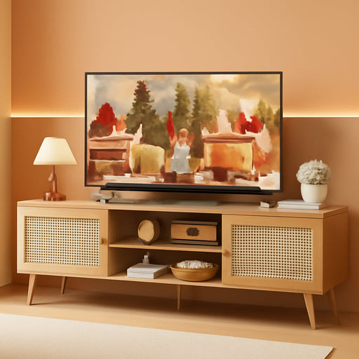 Boho TV Stand for 65 Inch TV, Entertainment Center with Adjustable Shelf, Rattan TV Console with 2 Cabinets, Media Console, Solid Wood Feet, 4 Cord Holes, for Living Room - Natural
