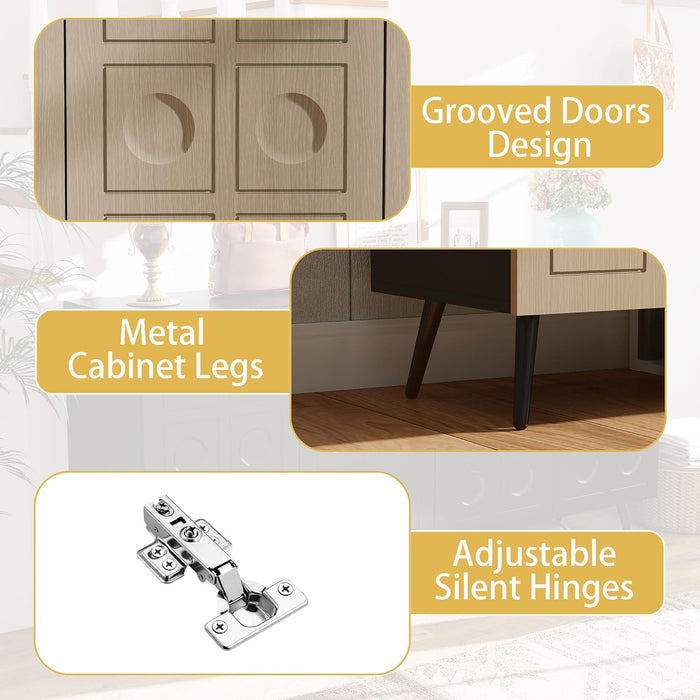 Sideboard Buffet Cabinet with Storage: 63" Oak and Black Buffet Cabinet with 4 Doors, Fluted Credenza Storage Cabinets, Mid Century Modern Sideboard for Living Room (Black & Oak)