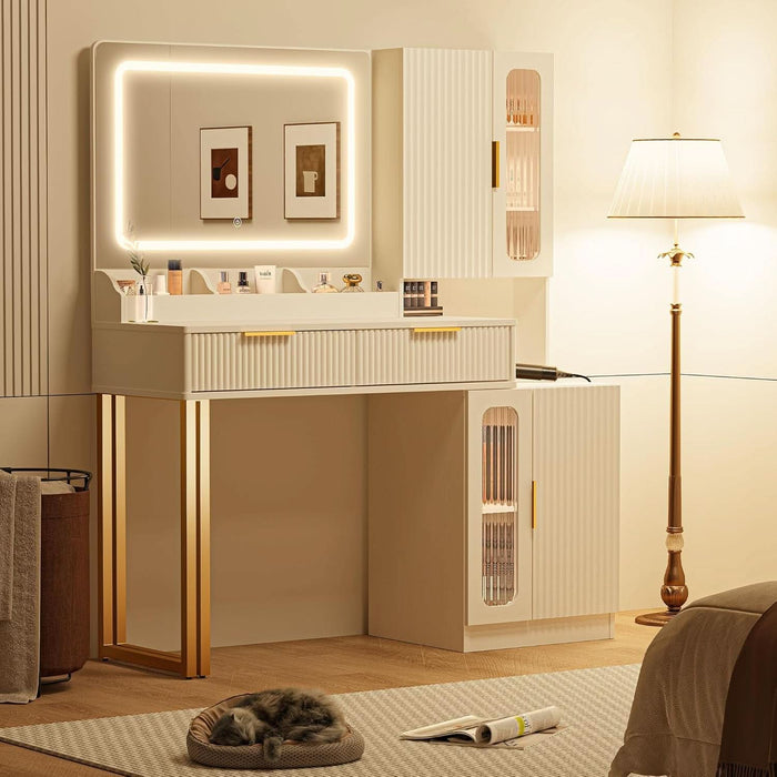 45" Modern Makeup Vanity Desk with Mirror and Lights, Makeup Vanity with 5 Shelves& 2 Drawers and Cabinet, Vanity Table with Power Outlet, 3 Color Adjustable Lighting Dressing Table Set for Bedroom