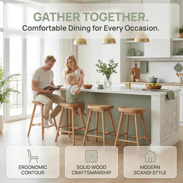 Backless Counter Height Bar Stools Set of 2, 24’’ Rustic Farmhouse Wooden Saddle Stools Ergonomic-Seat Bar Chairs, Bar Height Barstools for Kitchen Counter Island, Brown