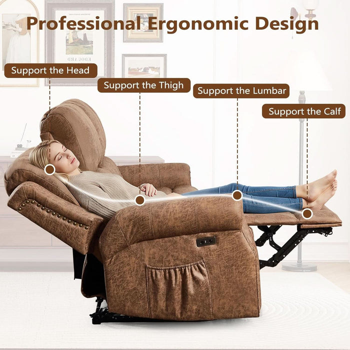 3-Piece Power Reclining Sofa Set with Rivets, Included Electric Massage Recliners, Loveseat Couch with Console and 3-Seater Recliner Sofa, Faux Leather Living Room Furniture Set, Brown