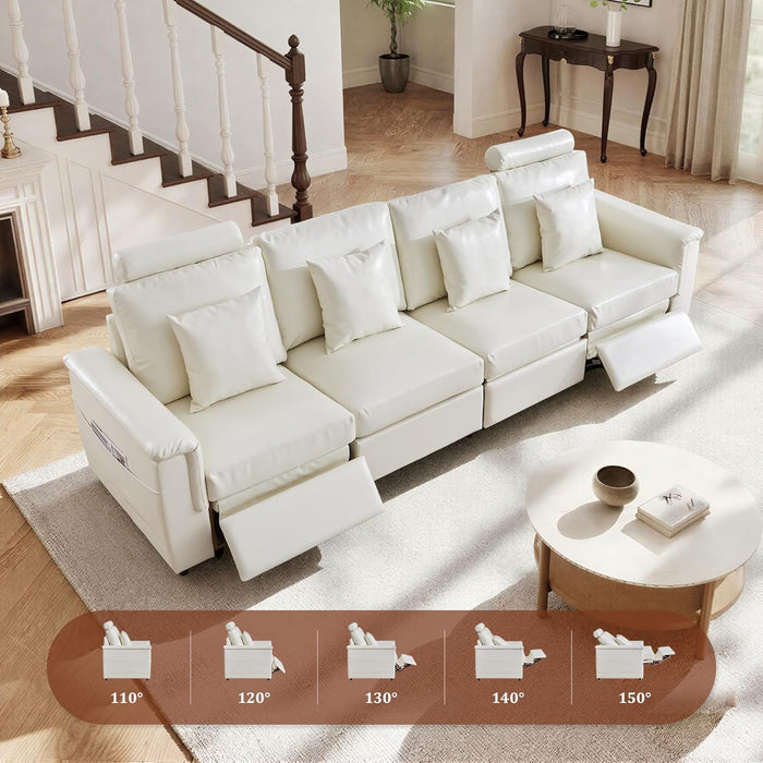 Oversized Modular Sectional Sofa with 2 Power Reclining, Electric Recliner Couch with Storage Console and Adjustable Headrest, Faux Leather 5 Seat Corner Sofa for Living Room-Cream White