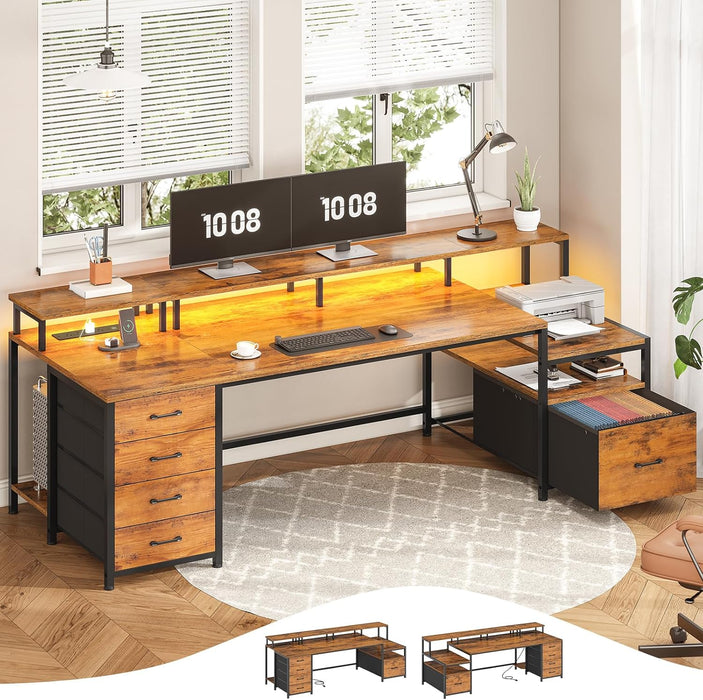 Home Office Desk with File Drawer & Power Outlet, 75'' Large Computer Desk with 5 Drawer, Storage Shelves, Monitor Shelf and Led Lights, 23.6" W Desktop Gaming Desk, Rustic Brown