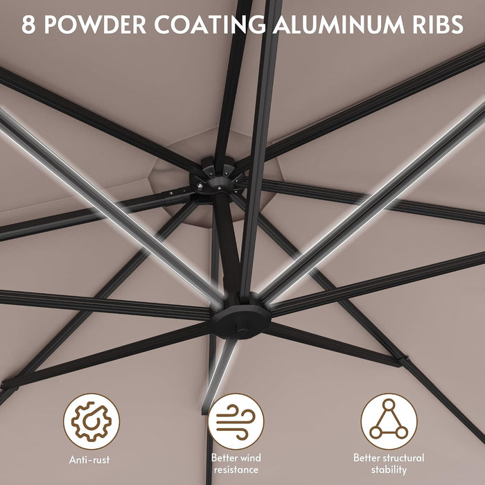 11FT Solar Powered LED Light Cantilever Patio Umbrella with Base Included, Large Cantilever Umbrella with 360°Rotation, Heavy-Duty Offset Outdoor Umbrella for Patio,Pool,Backyard (Champagne)