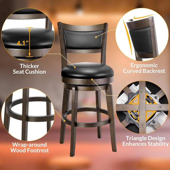 Swivel Bar Stools Set of 2, 24 Inch Counter Height Barstools, Black Faux Leather Bar Stool with High Backrest & Solid Wood Legs & Wrap-Around Footrest, Counter Stools for Kitchen Island, Pub