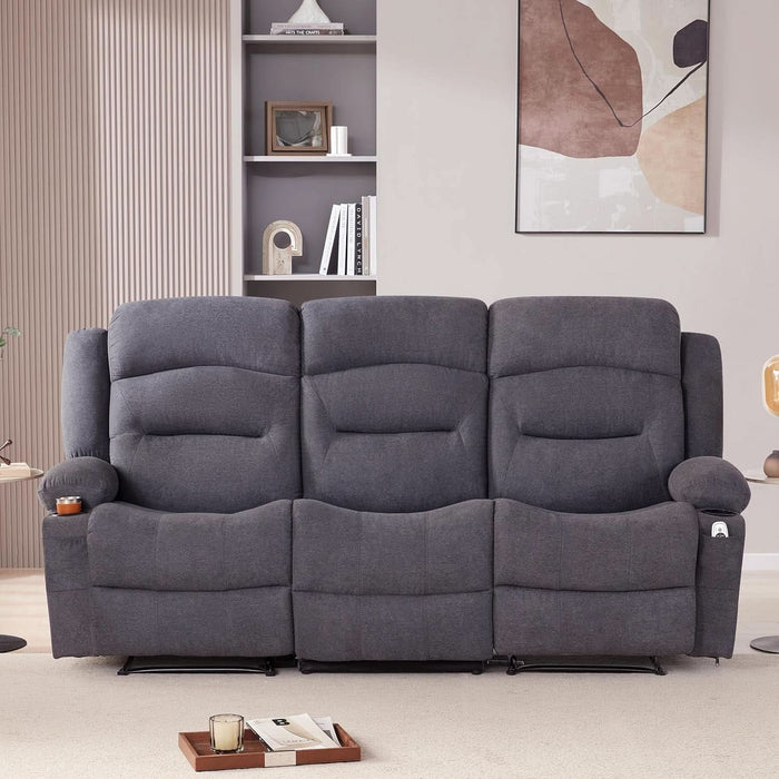 Oversized Recliner Sofa with Heat and Massage, Big Large 3-Seater RV Recliner Couch Sofa for Living Room, Wall-Hugger Reclining Sofa with Cup Holders and USB Port(Fabric, Grey)